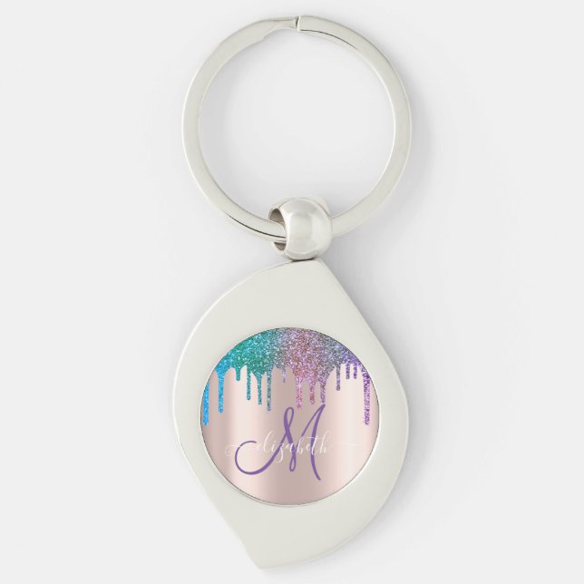 Modern Elegant Glitter Drips Rose Gold  Monogram   Keychain (Front)