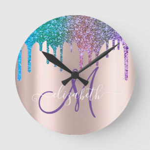 Modern Elegant Glitter Drips Rose Gold Monogram Round Clock