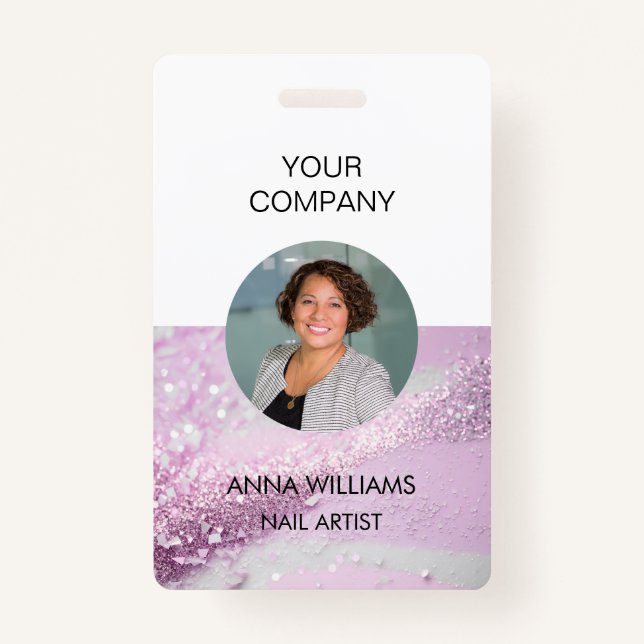 Modern, elegant, glitter employee round Photo ID Badge (Front)