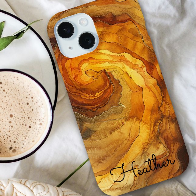 Modern Elegant Gold Amber Marble Personalized Name Case-Mate iPhone Case (Creator Uploaded)