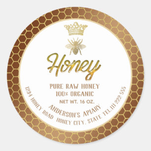 Modern elegant gold bee crown honey comb honey jar classic round sticker