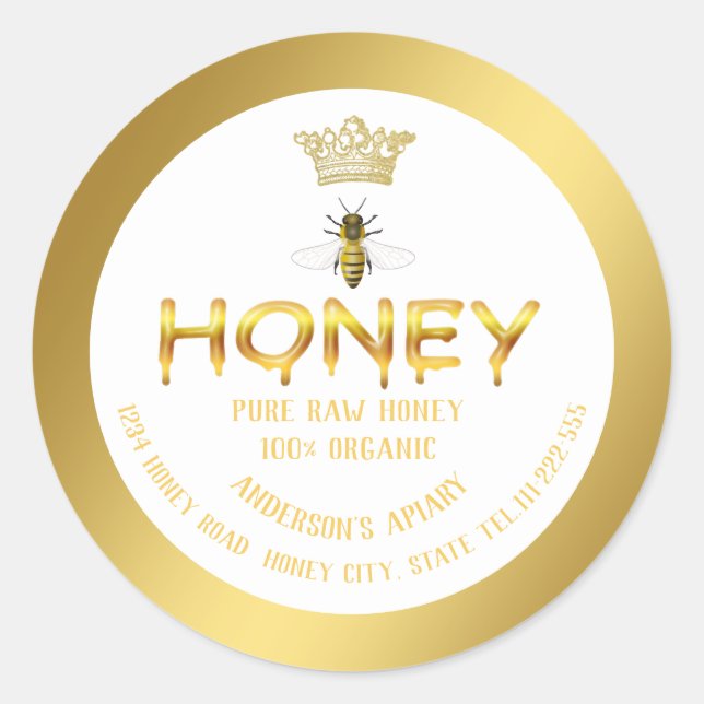 Modern elegant gold bee crown honey comb honey jar classic round sticker (Front)