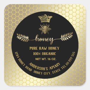Modern elegant gold bee crown honey comb honey jar square sticker