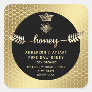 Modern elegant gold bee crown honey comb honey jar square sticker