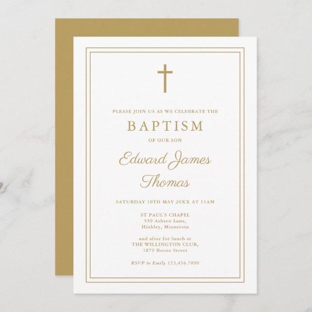 Modern Elegant Gold Border Baptism Invitation (Front/Back)
