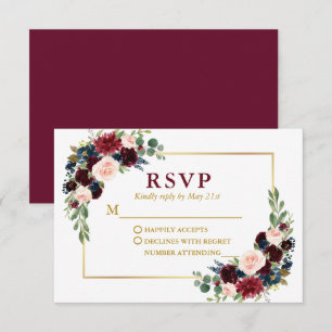 Modern Elegant Gold Burgundy Blue Floral Wedding RSVP Card