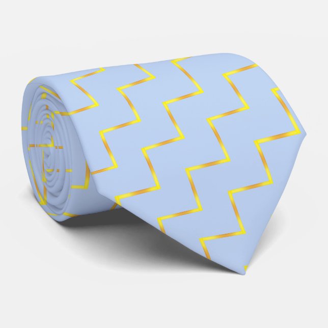 Modern Elegant Gold Chevron Pattern on Light Blue Tie (Rolled)