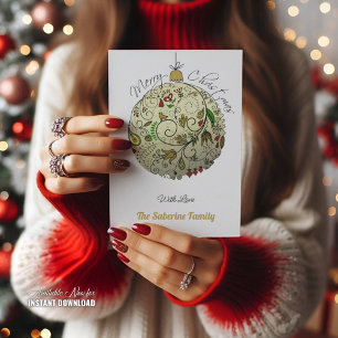 Modern Elegant Gold Christmas Doodle Ornament Holiday Card