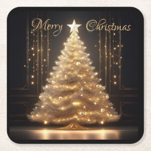 Modern Elegant Gold Christmas Tree Square Paper Coaster