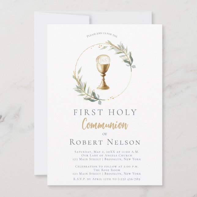 Modern Elegant Gold Circle First Communion  Invitation (Front)