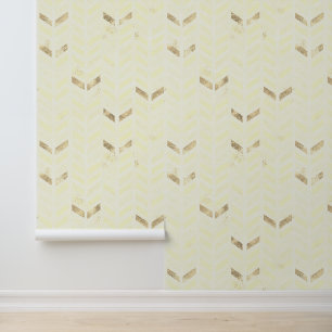 Modern Elegant Gold Cream White Painted Chevron Wallpaper