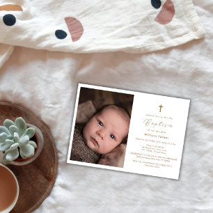 Modern Elegant Gold Cross Baby Photo Baptism Invitation