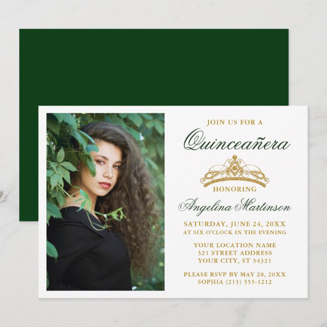 Modern Elegant Gold Crown Photo Green Quinceanera Invitation (Front/Back)