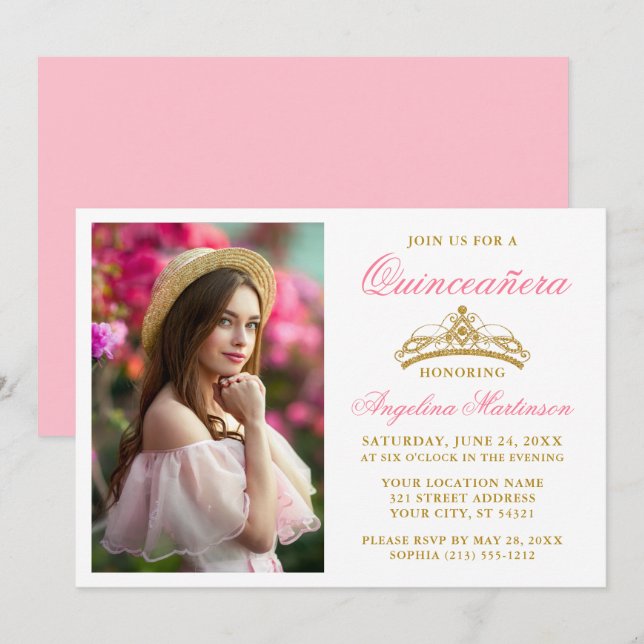 Modern Elegant Gold Crown Photo Pink Quinceanera Invitation (Front/Back)