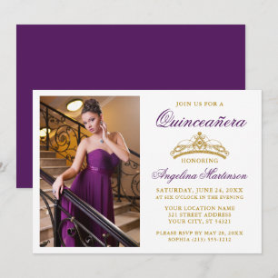 Modern Elegant Gold Crown Photo Purple Quinceanera Invitation
