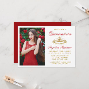 Modern Elegant Gold Crown Photo Red Quinceanera Invitation