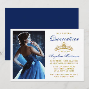 Modern Elegant Gold Crown Royal Blue Quinceanera Invitation