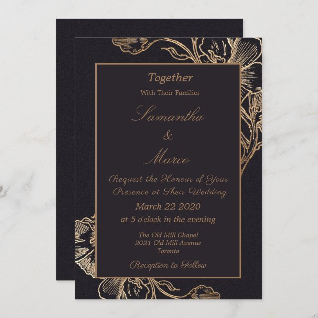 Modern Elegant Gold Faux Metal Floral Wedding Invitation (Front/Back)