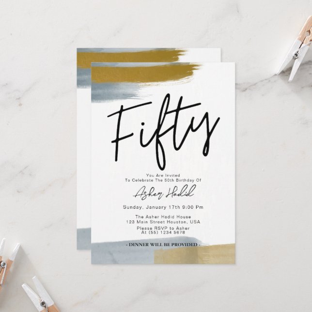 Modern Elegant Gold FIFTY 50th Birthday Party Invitation (Front/Back In Situ)