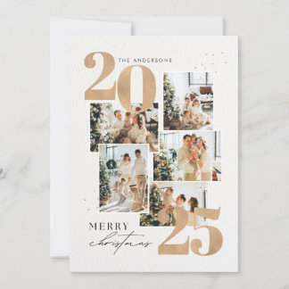 Modern Elegant Gold Five Photo Collage Christmas Holiday Card