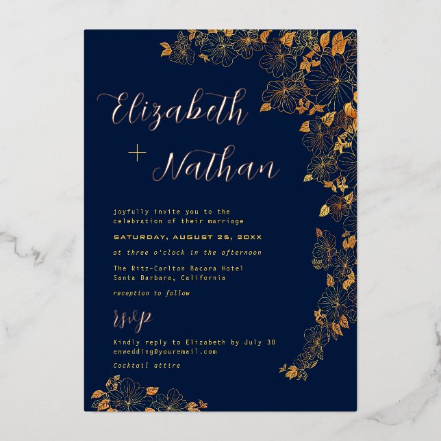 Modern Elegant Gold Floral Navy Blue Wedding  (Front)
