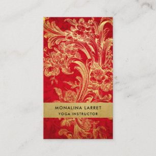Modern Elegant Gold Flourish Red Damask Pattern  Business Card