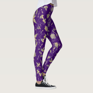 Modern Elegant Gold Flowers Royal Purple Leggings
