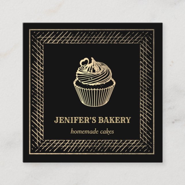 Modern elegant  gold foil cupcake homemade bakery square business card (Front)