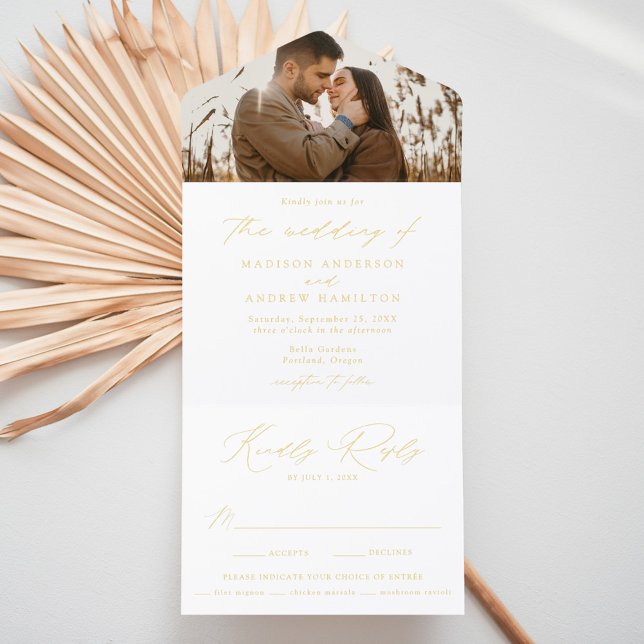 Modern Elegant Gold Foil Script Photo Wedding All In One Invitation (Creator Uploaded)