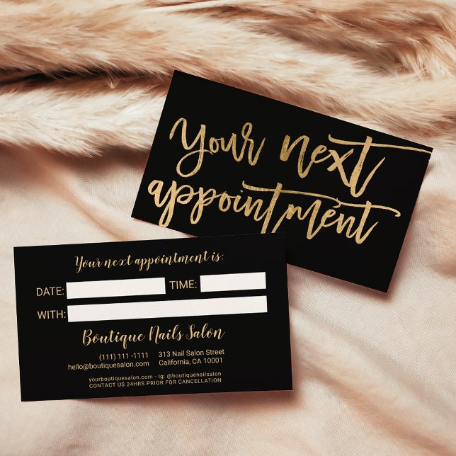 Modern elegant gold foil script typography black appointment card (Modern elegant gold foil script typography black appointment card)