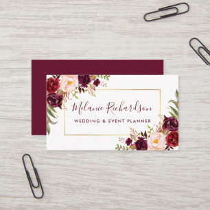 Modern Elegant Gold Frame Burgundy Floral Business Card
