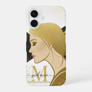 Modern Elegant Gold Glitter Black Monogram iPhone 16 Case