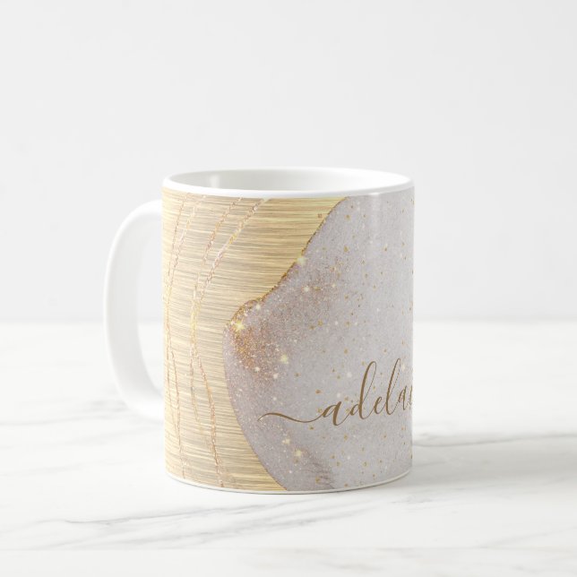 Modern Elegant Gold Glitter Monogram Script Name Coffee Mug (Front Left)