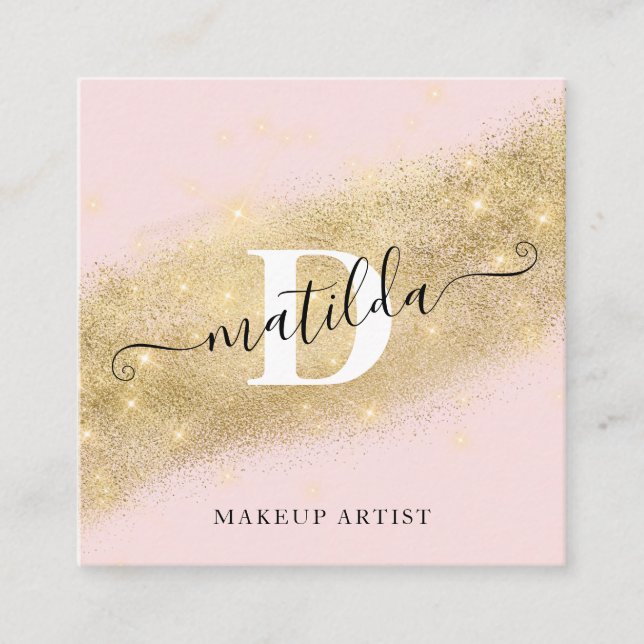 Modern elegant gold glitter pink makeup artist square business card (Front)