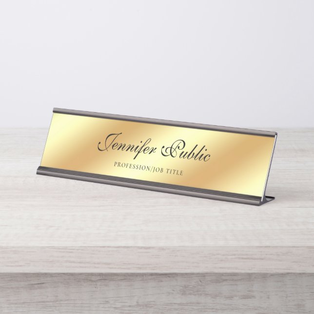 Modern Elegant Gold Handwritten Script Template Desk Name Plate (Front)