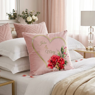 Modern Elegant Gold Heart And Roses Blush Pink Throw Pillow