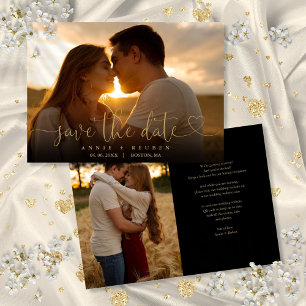 Modern Elegant Gold Heart Script Photo Wedding Save The Date