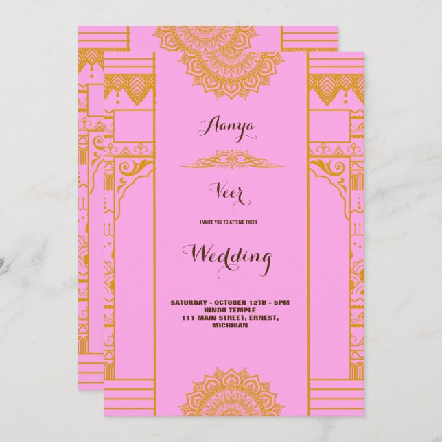  modern Elegant  gold mandala Wedding  pink  Invitation (Front/Back)