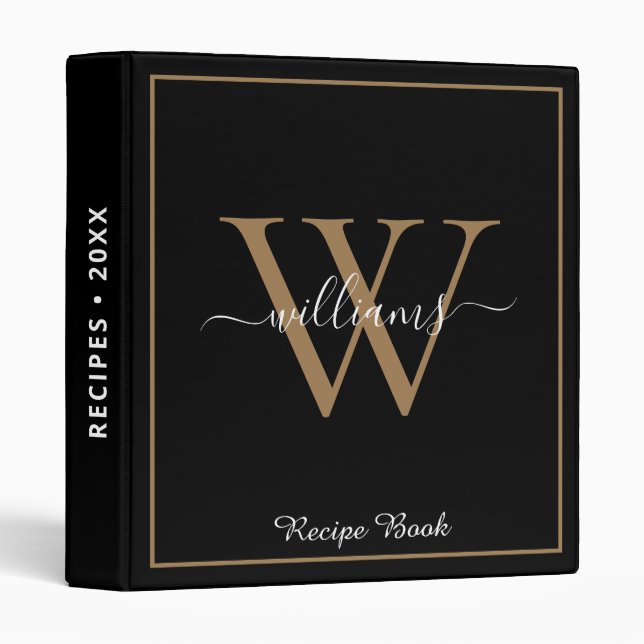 Modern Elegant Gold Monogram Personalized Cookbook Binder (Front/Spine)