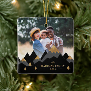 Modern Elegant Gold Mountains Photo Christmas Ceramic Ornament