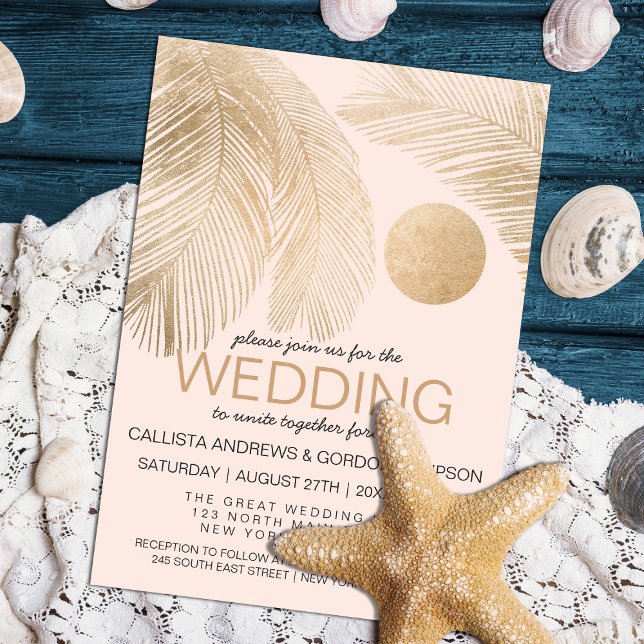 Modern Elegant Gold Pink Palm Tree Leaf Wedding Invitation (Creator Uploaded)