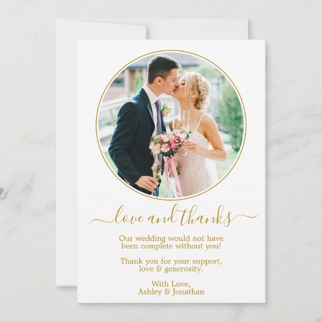 Modern Elegant Gold Round Photo Frame Wedding Thank You Card (Front)