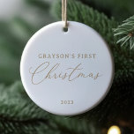 Modern Elegant Gold Script Baby's First Christmas  Ceramic Ornament<br><div class="desc">Celebrate your baby's first Christmas with this simple and elegant ornament,  featuring a gold script and a place to upload your photo on the back side.</div>