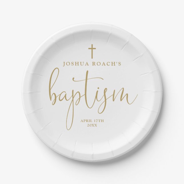Modern Elegant Gold Script Baptism Paper Plate (Front)