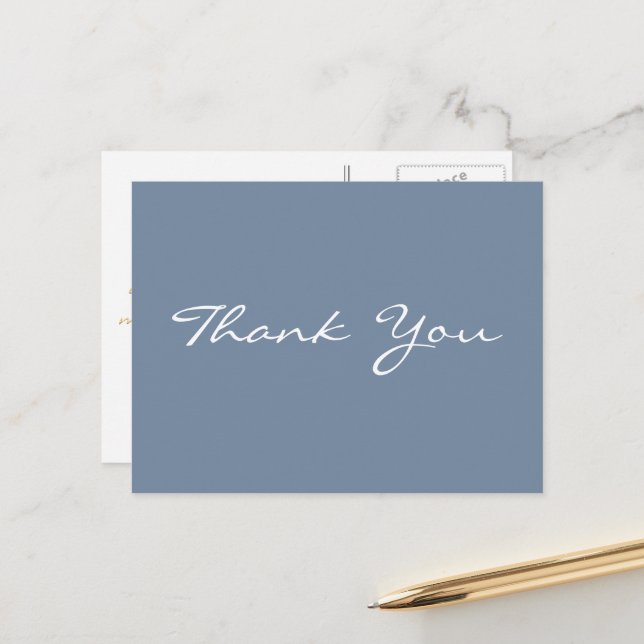 Modern Elegant Gold Script Dusty Blue Thank You Postcard (Front/Back In Situ)