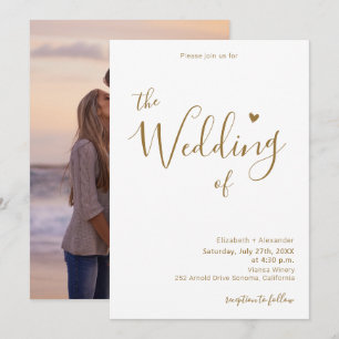 Modern Elegant Gold Script Heart Photo Wedding  Invitation