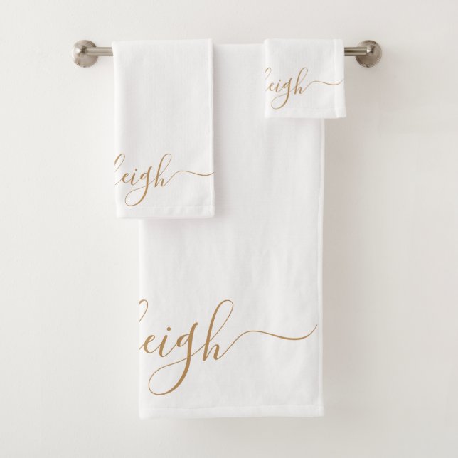 Modern Elegant Gold Script Name White Bath Towel Set (Insitu)