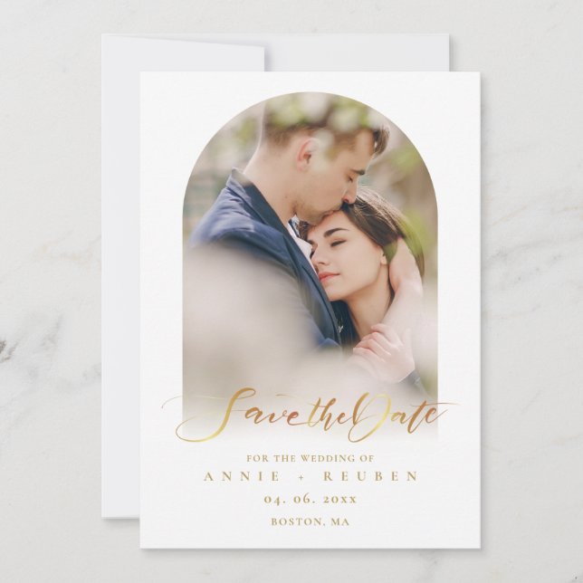 Modern Elegant Gold Script Photo Arch Save The Date (Front)