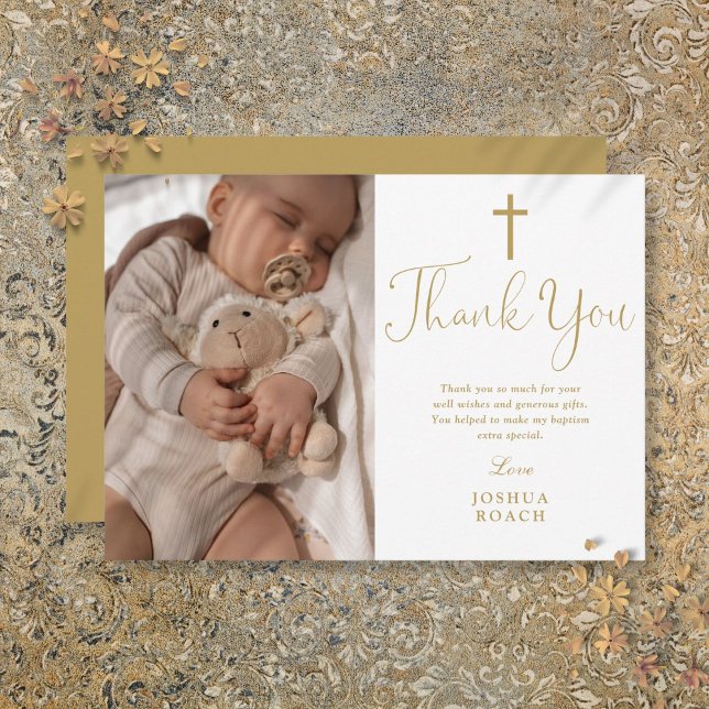 Modern Elegant Gold Script Photo Baptism Thank You Card (Modern Elegant Gold Script Photo Baptism Thank You Card)