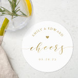 Modern Elegant Gold Script Wedding Round Paper Coaster<br><div class="desc">Custom-designed wedding coasters featuring "cheers" modern elegant gold script design.</div>